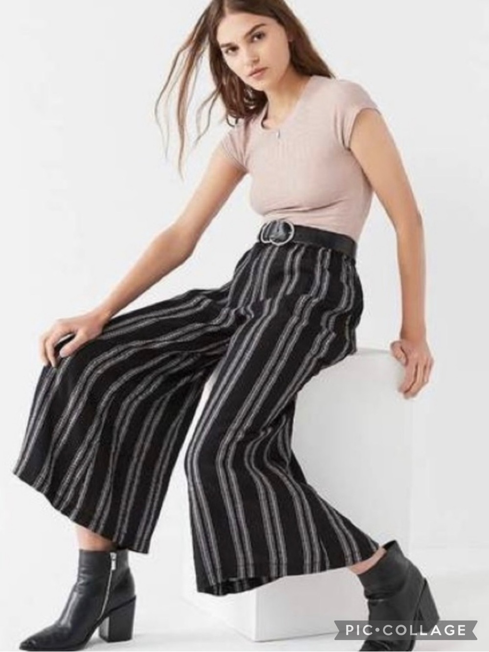 Silence + Noise Lara Black White Strioed Wide Leg Cropped Pants S Quiet Luxury